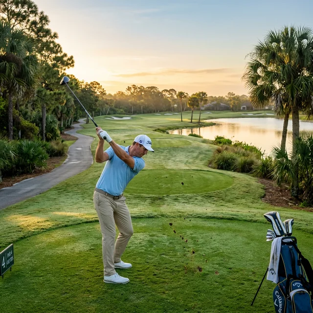 Golfer teeing off at dawn on a Southwest Florida golf course