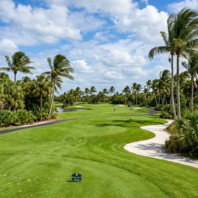 Sunny day over a beautiful tropical Florida golf course with palm trees