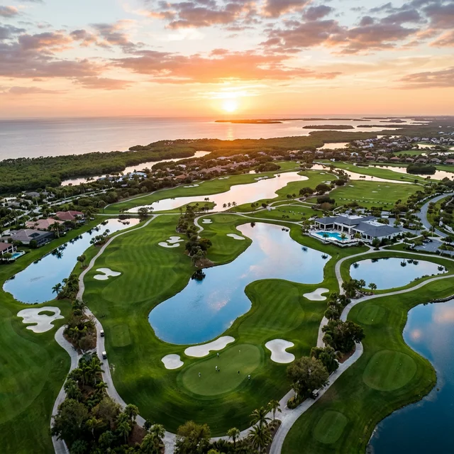 Aerial drone photography view of a vast luxury golf course landscape in Southwest Florida