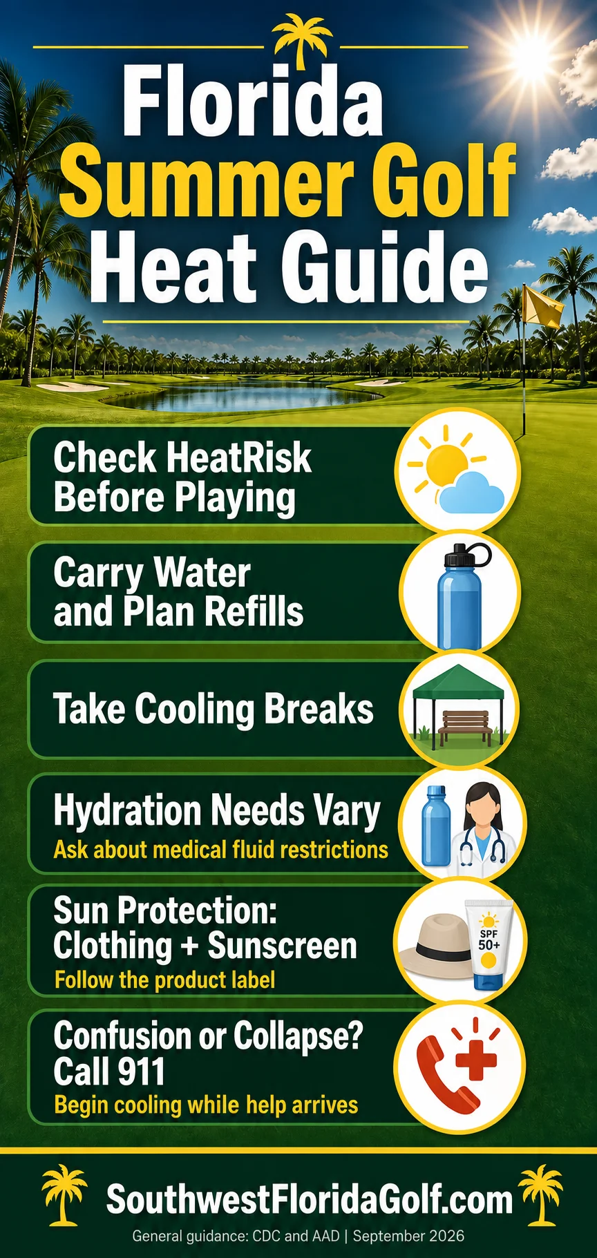 Florida summer golf heat guide: heat risk, water, cooling breaks, sun protection and emergency signs. SouthwestFloridaGolf.com.