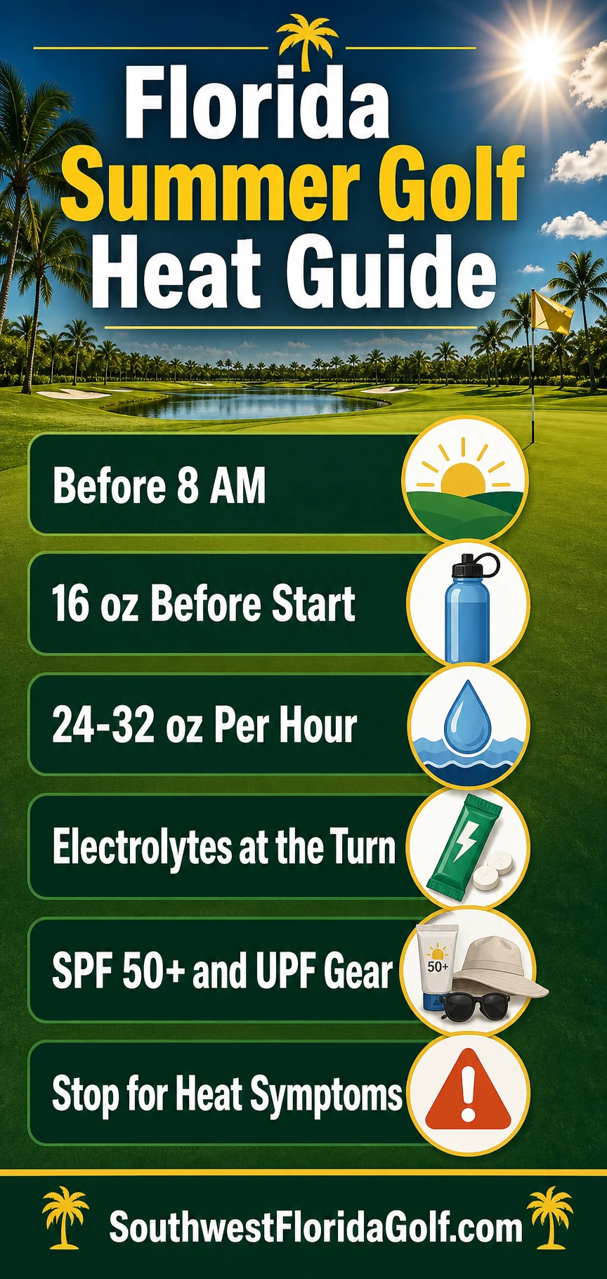 Florida summer golf heat guide infographic from SouthwestFloridaGolf.com with hydration sunscreen and heat safety tips