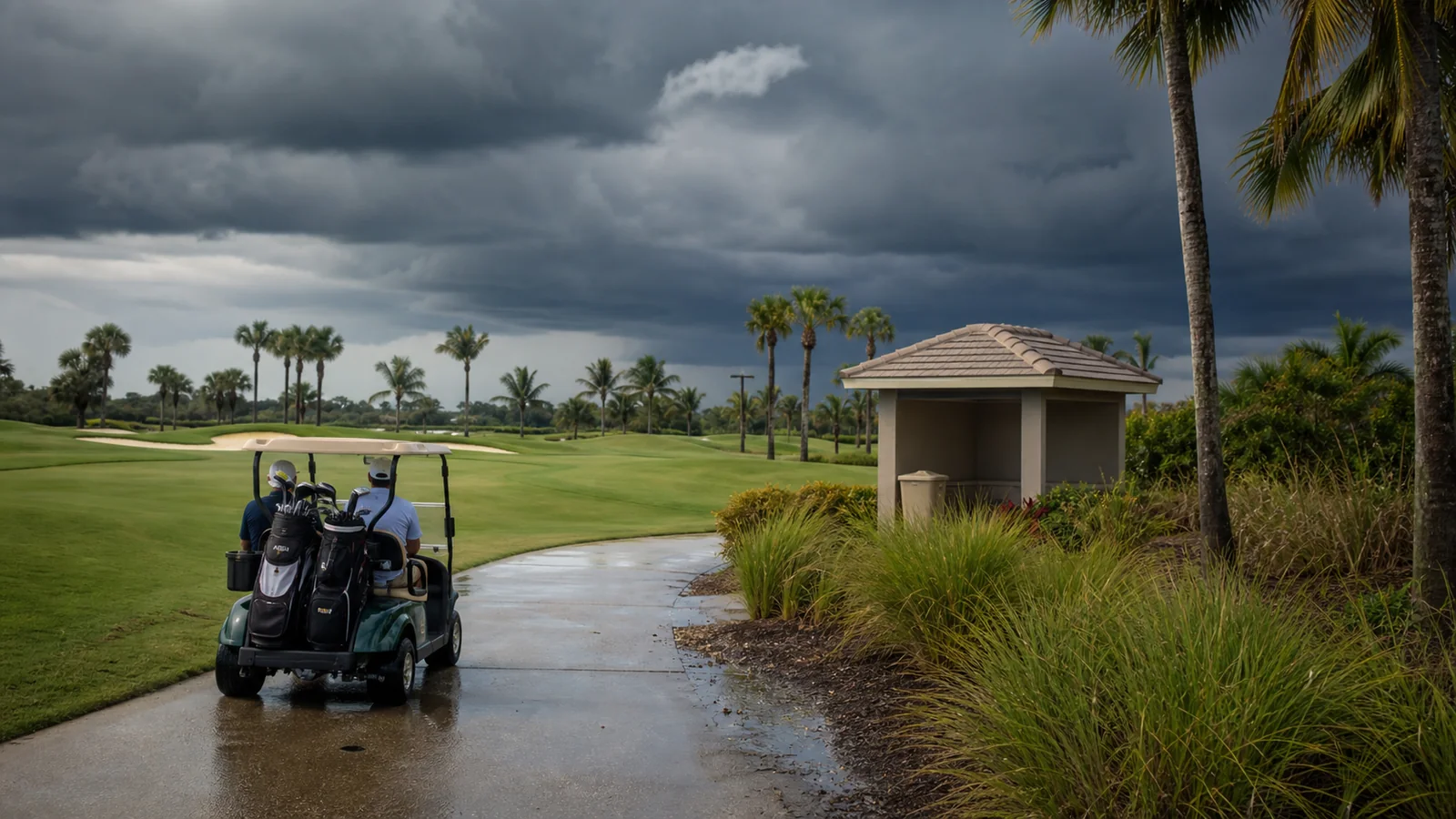 Golfers heading to a course shelter after a lightning horn warning in Southwest Florida