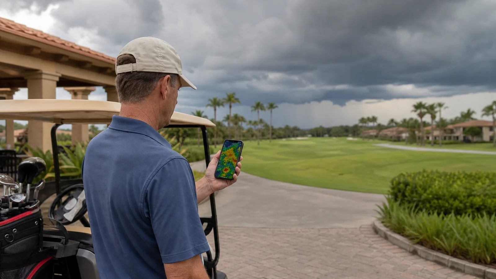 Golfer checking weather radar before an afternoon thunderstorm on a Southwest Florida golf course