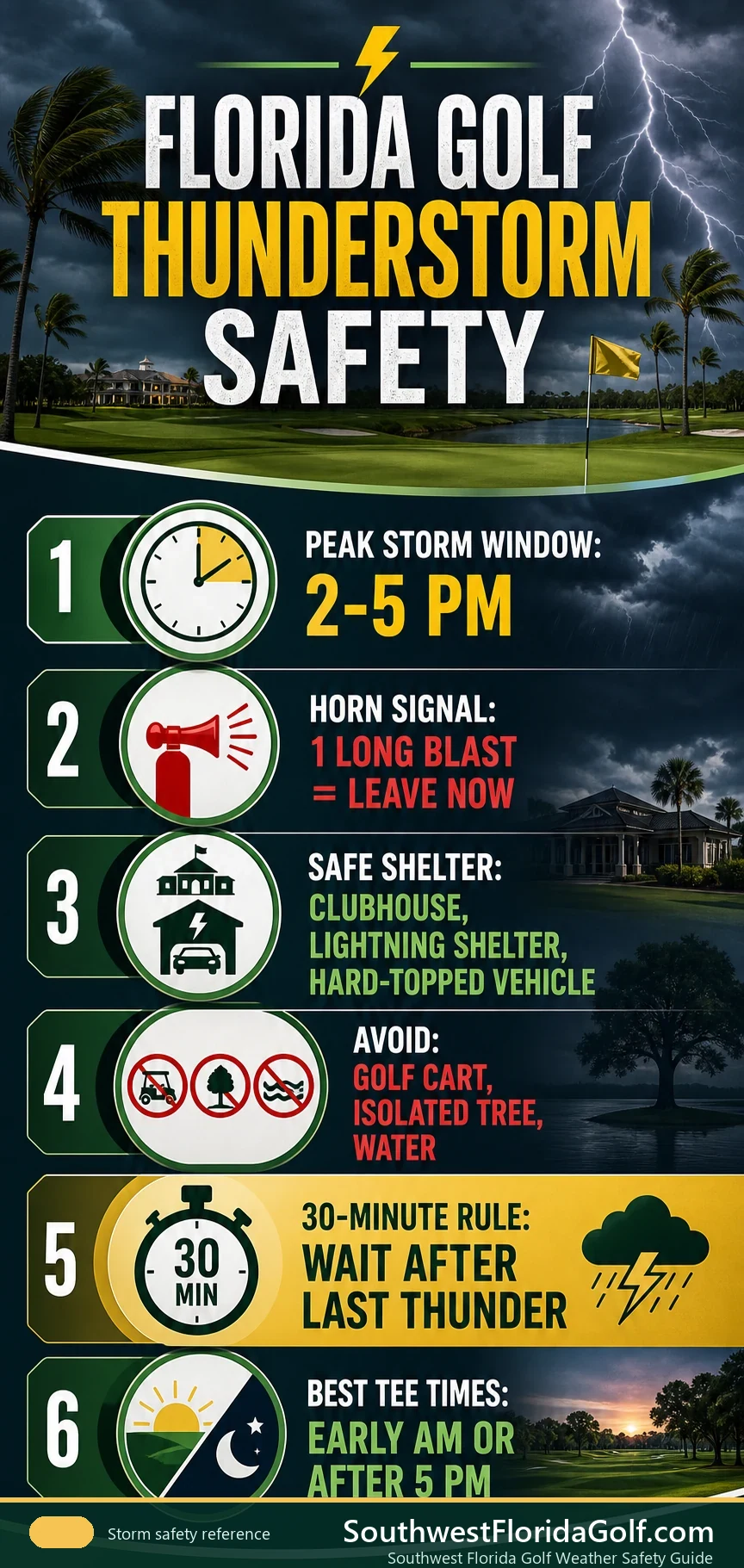 Florida golf thunderstorm safety infographic from SouthwestFloridaGolf.com with storm window horn signal shelter rules and tee time tips